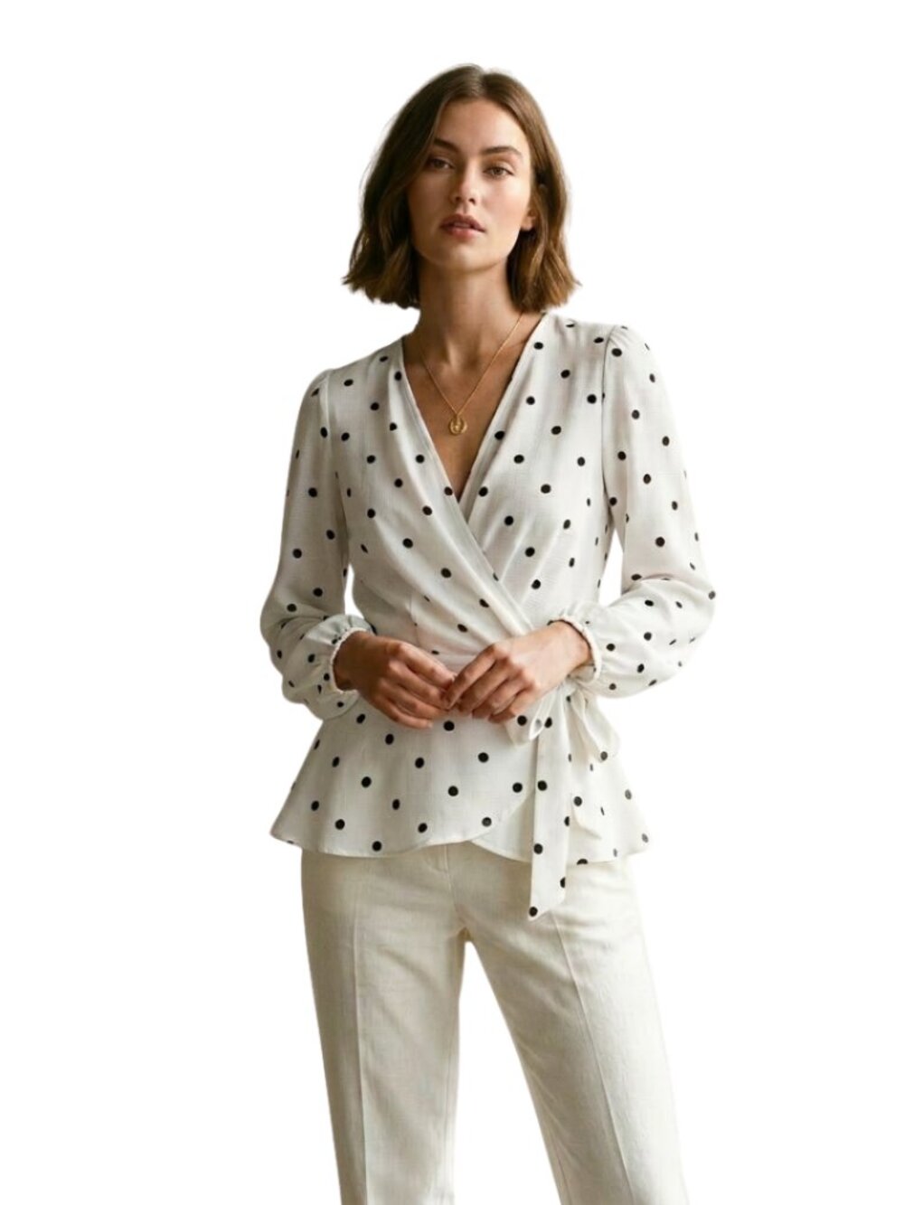 Meraki White Black Polka Dot Faux Wrap Blouse Tie Waist Peplum 3/4 Sleeve XL
